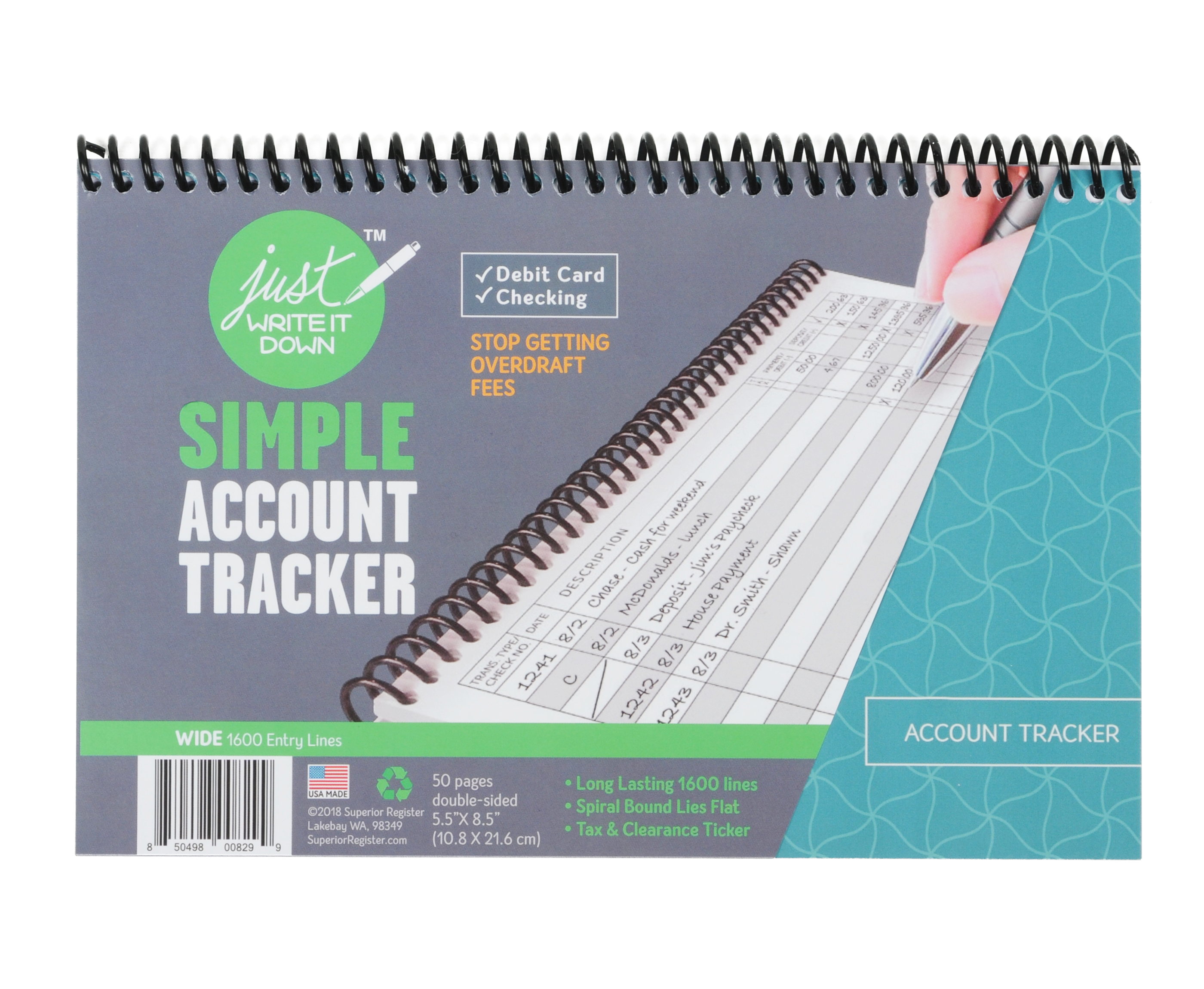 The Superior Check and Debit Card Register - Teal, Wide